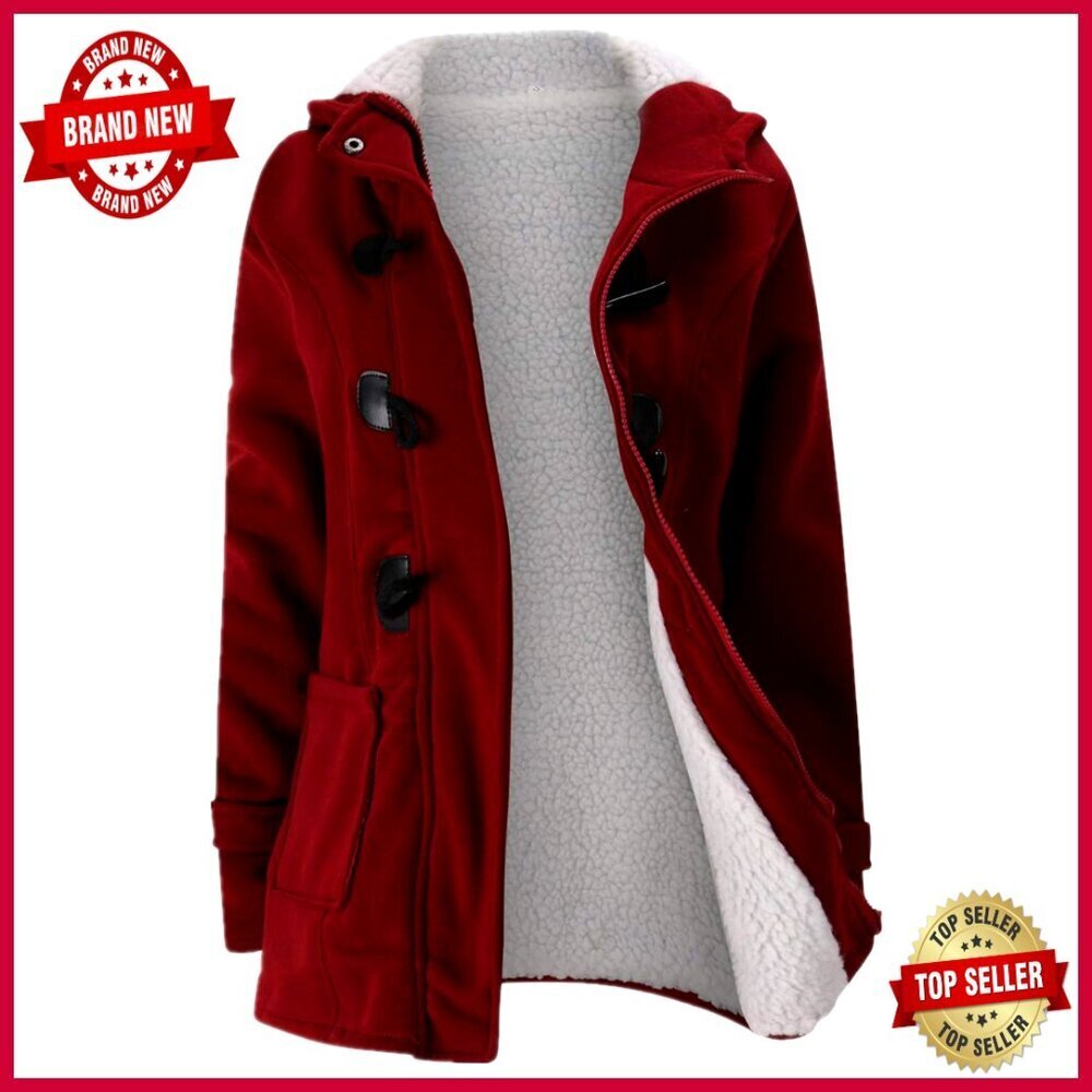 Women's Fleece Hooded Winter Coat Horn Button Jacket Warm Casual